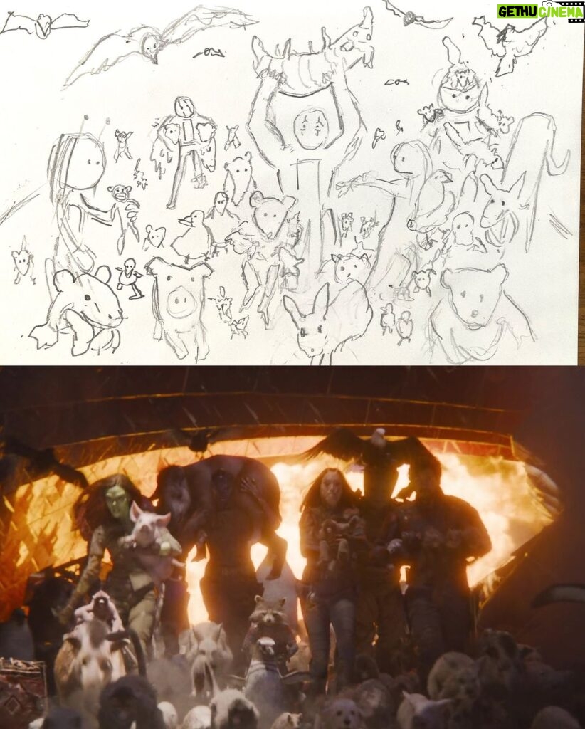 James Gunn Instagram - Fun storyboard to shot comparison from #guardiansofthegalaxyvol3. Fun Easter eggs include Eagly’s cameo at the top of the shot and then our Executive Producer Simon Hatt’s dog River down at the bottom of frame. #gotgvol3