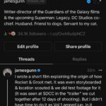James Gunn Instagram - Explaining Rocket & Groot’s backstory on Threads, and the short film we never made about their meeting