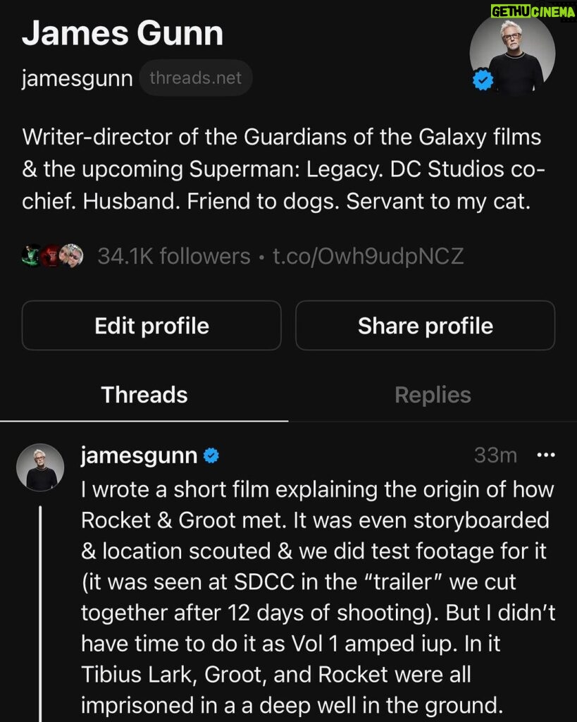 James Gunn Instagram - Explaining Rocket & Groot’s backstory on Threads, and the short film we never made about their meeting
