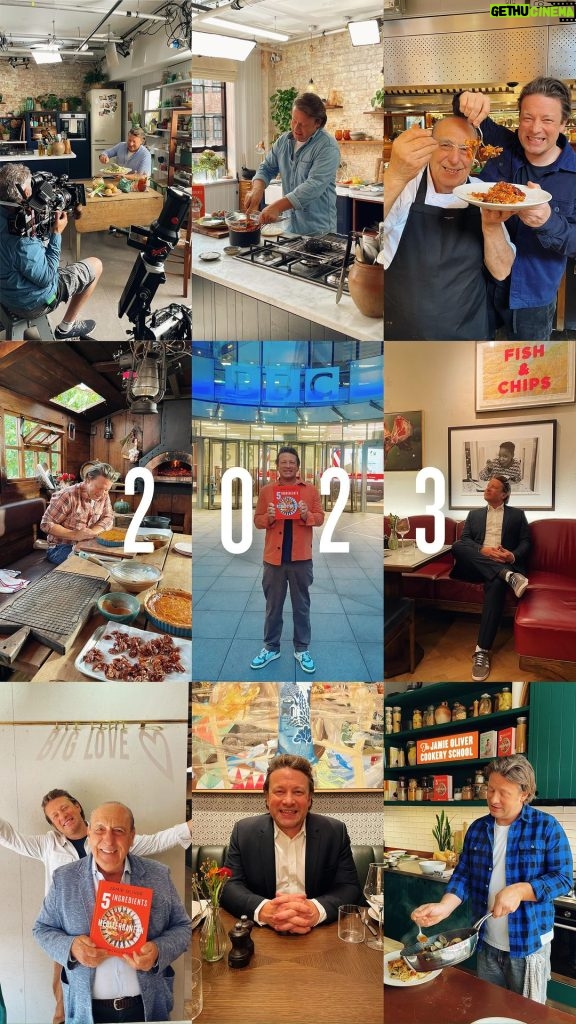 Jamie Oliver Instagram - WOW what a year you guys !!! Thank you all so much for your love and support and for joining me on my many, many adventures ! From coming with me to Australia and joining me on my @masterchefau adventure to launching my new cookbook 5 Ingredients Mediterranean, my first ever children’s book Billy And The Giant Adventure, hosting the first ever Good School Food Awards and opening up my new restaurant @jamieolivercatherinest it’s been a wild ride ! Big love and here’s to 2024 🥂 x x x x x #nye #happynewyear