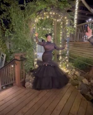 Janet Jackson Instagram - As you may have seen in stories, we had an incredible time at @prestonmakeup and @clarkclint’s wedding last night. I just wanted to extend gratitude to a few others who helped bring my look together:

Jewels: @xivkarats
Makeup: @jamesmichaelartistry
Hair: @sazzedbysisters
Jacket: @rickowensonline
Pants: @vtmnts

…and, of course, thanks @csiriano for the BEAUTIFUL gown 😘
