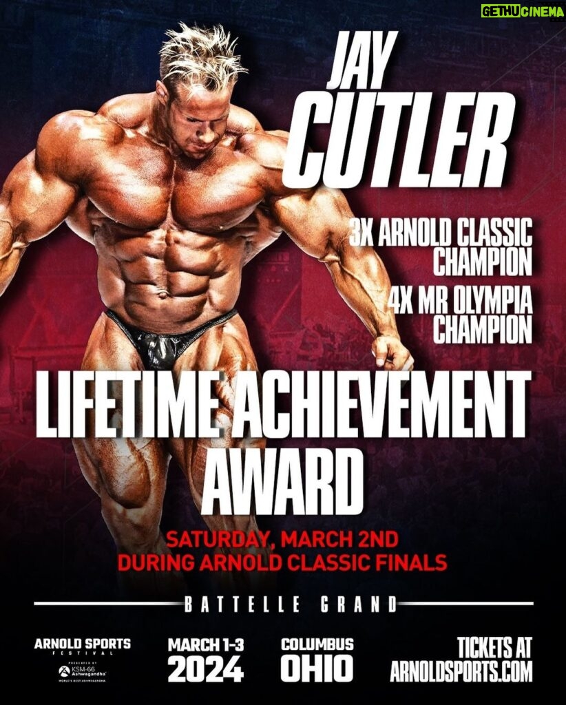 Jay Cutler Instagram - We’re proud to announce this year’s recipient of the Arnold Classic Lifetime Achievement Award is 3x consecutive Arnold Classic champion & 4x Mr. Olympia Jay Cutler! Join us in person or online Saturday, March 2nd during the Arnold Classic finals for this special ceremony to honor one of the greats. Grab your Arnold Classic tickets now via the link in bio. Greater Columbus Convention Center