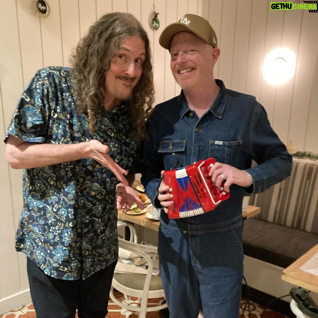 Jesse Tyler Ferguson Instagram - This week on Dinner’s On Me, Five-time Grammy award-winning artist "Weird Al" Yankovic joins the show. Over orders of "I am Humble" and "I am Dazzling," Al tells me about getting his first song on the radio as a kid, the lengths he went to get Iggy Izalea's signoff on a song parody, and he confirms if he has or hasn't tried bologna. This episode was recorded at Cafe Gratitude in Larchmont Village, CA. Episode link is in the bio—don't wait, give it a listen! ❤️ Café Gratitude