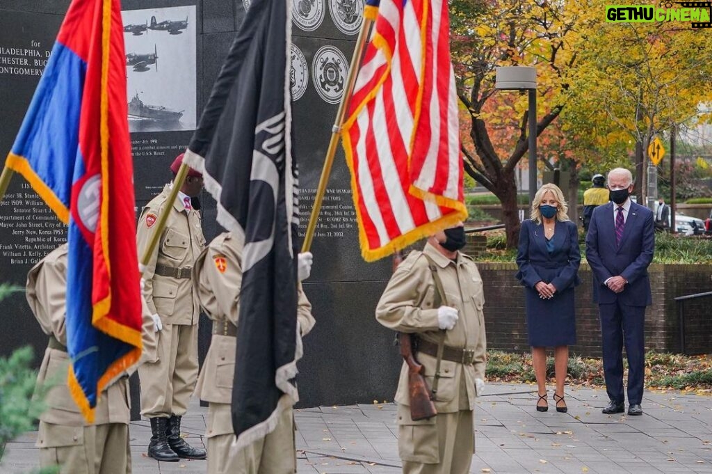 Jill Biden Instagram - We honor the few who have sacrificed so much for all of us, and we celebrate those who continue to lead in their own communities. Happy Veterans Day. Philadelphia Korean War Memorial