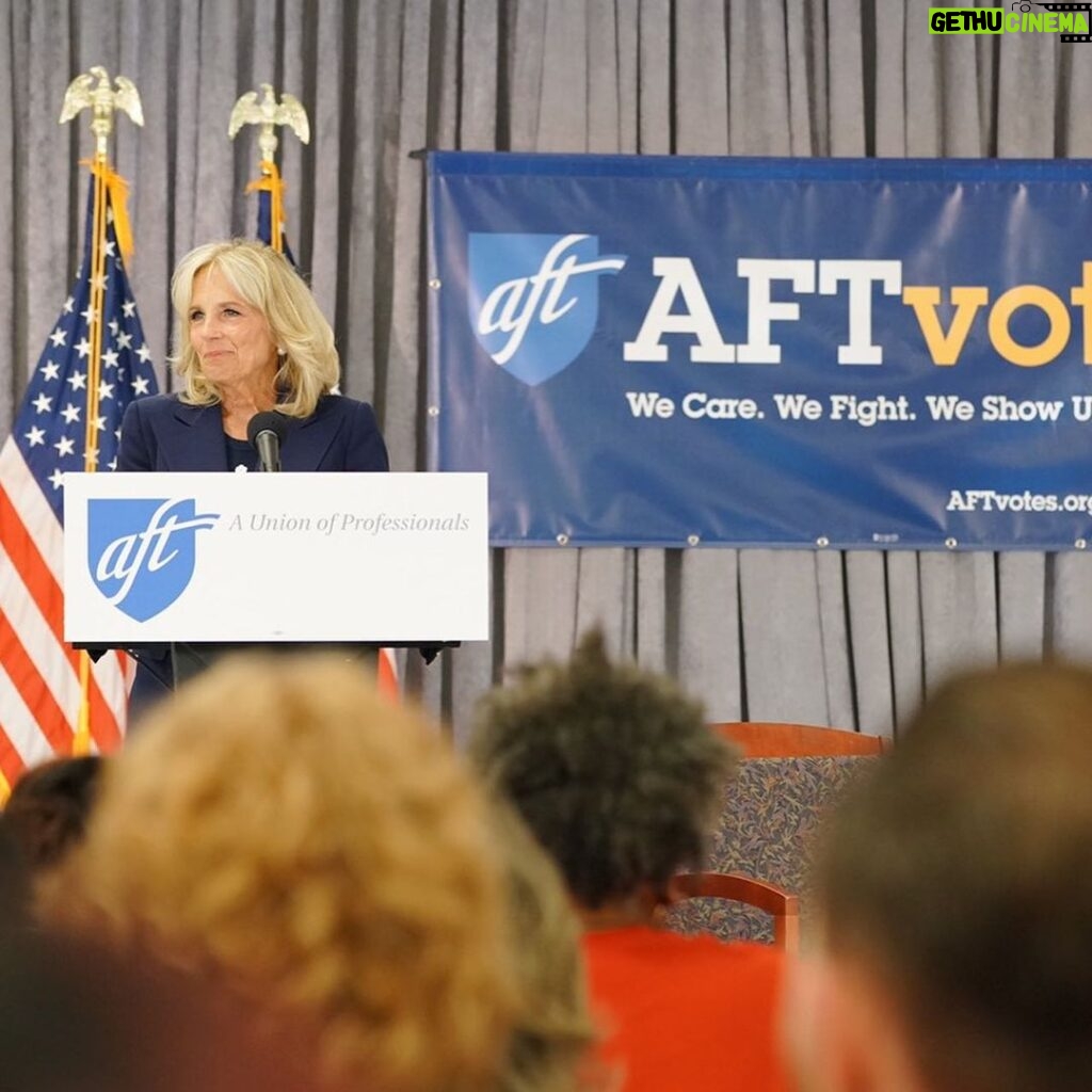 Jill Biden Instagram - Thank you #AFTVotes. I love walking into a room full of teachers! Our profession is profoundly optimistic. Through every student, every lesson, every classroom, teachers change the world.