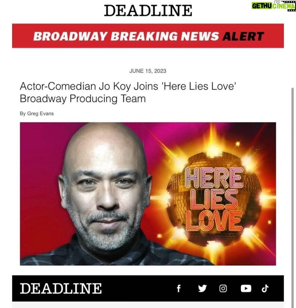 Jo Koy Instagram - I am excited to make my Broadway producing debut and it being with a groundbreaking Broadway musical: Here Lies Love. For the first time in Broadway history, the musical stars an all-Filipino cast, telling a Filipino story ((the People Power Revolution)) -Thrilled to support this historic musical, and to join a historic number of Filipino producers, including Lea Salonga and H.E.R. Previews start this weekend, on June 17 and opening night is July 20! Broadway, New York