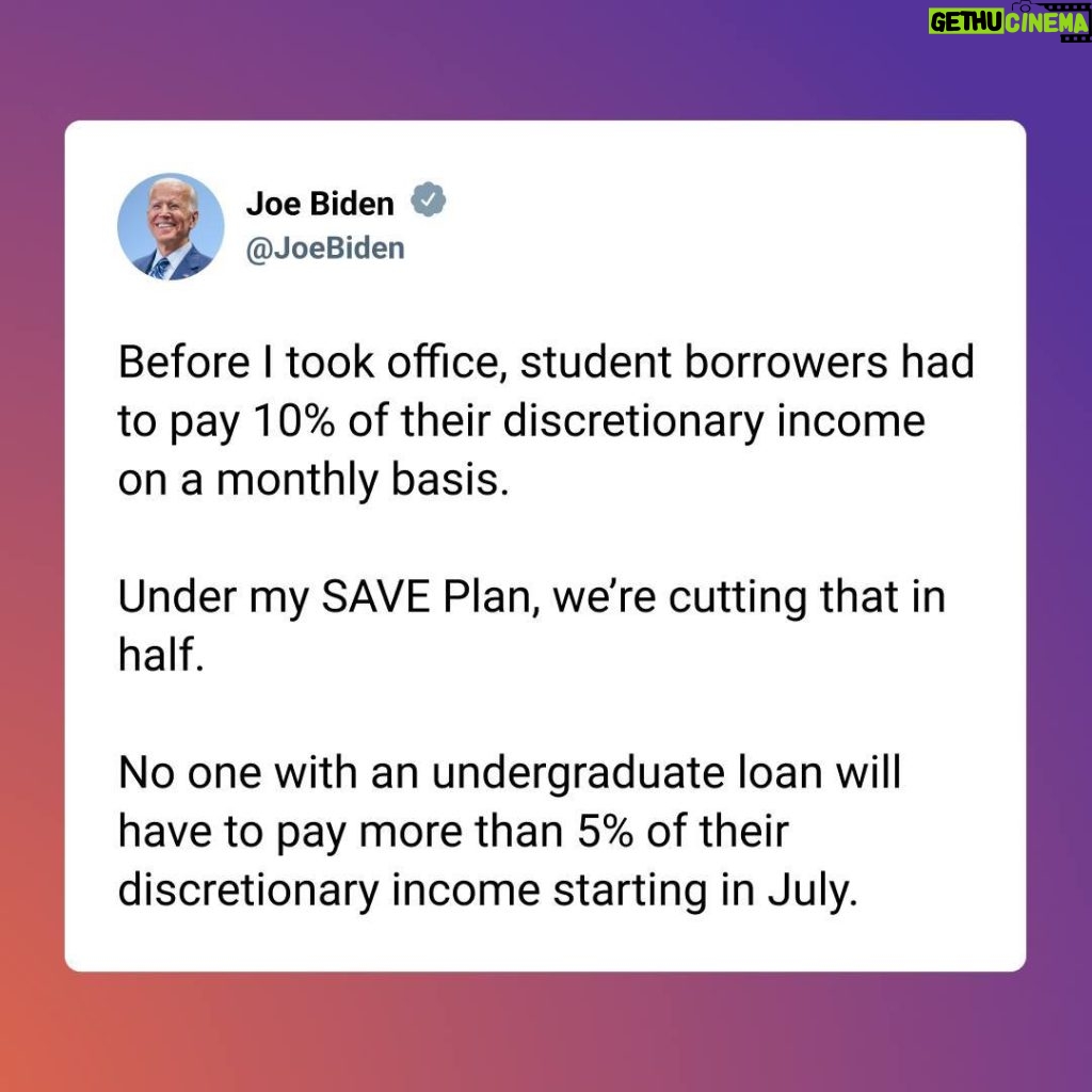 Joe Biden Instagram - Before I took office, student borrowers had to pay 10% of their discretionary income on a monthly basis. Under my SAVE Plan, we’re cutting that in half.
