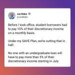 Joe Biden Instagram – Before I took office, student borrowers had to pay 10% of their discretionary income on a monthly basis. 

Under my SAVE Plan, we’re cutting that in half.