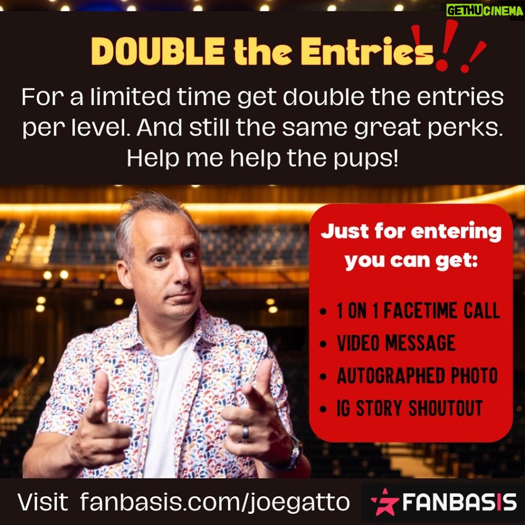 Joe Gatto Instagram - Double the entries! Thanks to everyone who has supported my charity sweepstakes so far. For limited time entries are doubled for each level. And you still get the same great perks. Visit fanbasis.com/joegatto or link in bio. Support and share. Thanks!