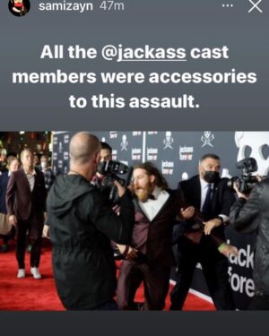 Johnny Knoxville Instagram - It appears that low down and dirty @samizayn has hit all new lows even for him. Trying to ride the wave of Jackass Forever’s successful weekend at the box office he tries to garner attention for himself by posting insta stories like this. They are the listless threats of a desperate man. Looks like there is only one way to settle this,the old fashion way. 👊🏼🤼‍♀️#suckitsami