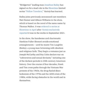 Jonathan Bailey Instagram - Fellow Travelers. 

Epic story. Incredible team. THRILLED to be on board. 
⚡️
@mattbomer @aw @ronnyswaner @showtime @fremantle @danminahan @robbierogers
⚡️
#fellowtravelers