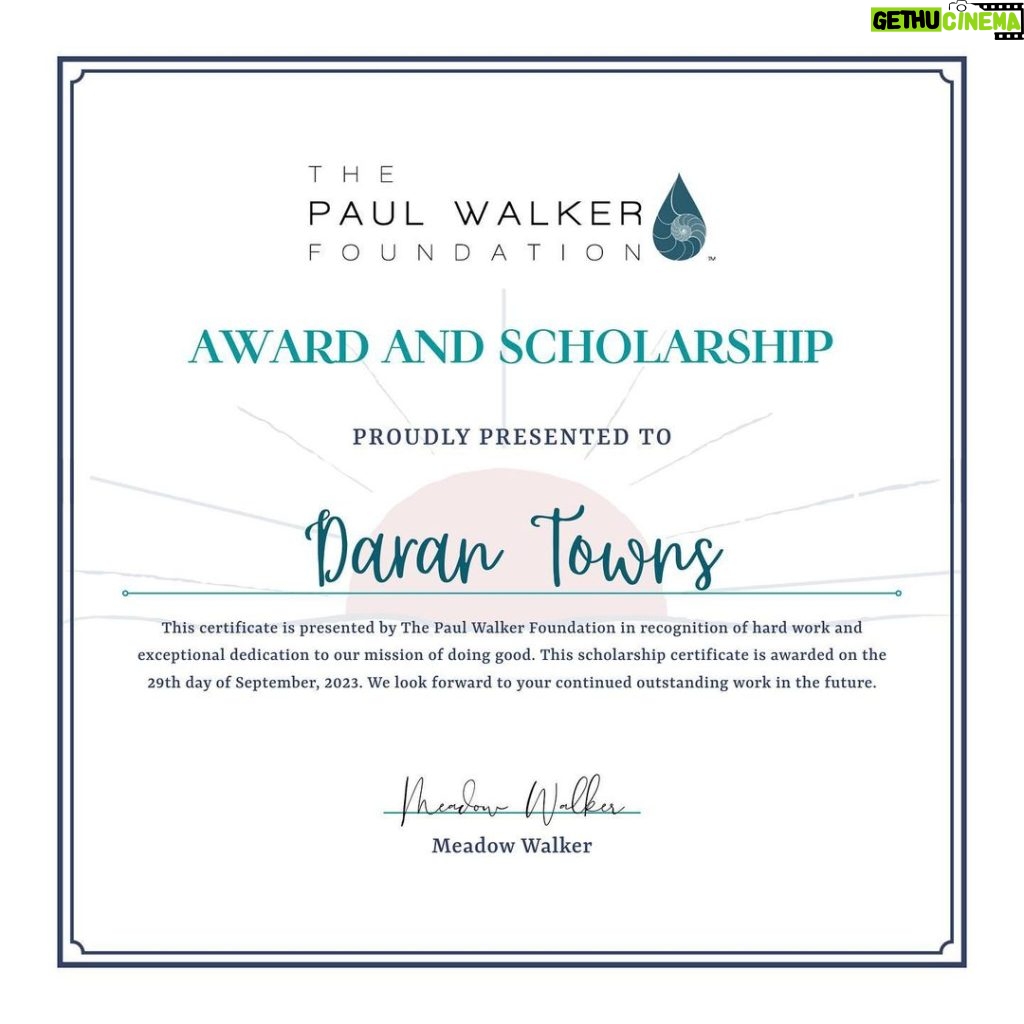 Jordana Brewster Instagram - We are proud to announce Daran Towns as the 2023 Paul Walker Foundation Award and Scholarship recipient. This scholarship recognizes her hard work and exceptional dedication to our mission of doing good. As a volunteer at the Monterey Bay Aquarium and the Aquarium of the Pacific, Daran has contributed to her community by supporting marine life and educating her friends and family about the importance of ocean conservation. 💙 "Growing up in the valley made me realize that there are so many people out there with no ocean education and I want to help bridge the gap, starting with my own community! I can’t wait to further the foundation's mission of education and doing good in the world. I am so blessed, honored, and overjoyed to receive the 2023 Paul Walker Foundation Award and Scholarship." – Daran Towns, 2023 Paul Walker Foundation Award and Scholarship Recipient  Visit paulwalkerfoundation.org to learn more.  #dogood #scholarshipsthatdogood #paulwalkerfoundation