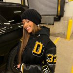 Jordyn Woods Instagram – A sample from the @woodsbyjordyn archive that @karltowns and I collaborated on.. I’m actually obsessed with this letterman.. should we produce this!? 
Also bringing something other than clothing to @woodsbyjordyn this holiday season.. 😉
ALSO Black Friday sale coming this week, 35% off and a free HAT with purchase over $150🤍