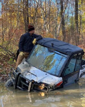 Josh Duhamel Instagram - If anyone asks, I narrowly avoided a savage animal that was primed to attack. 
(Luckily, @bobcatcompany makes equipment tough enough to withstand my driving) 

Swipe right for proof #onetoughanimal