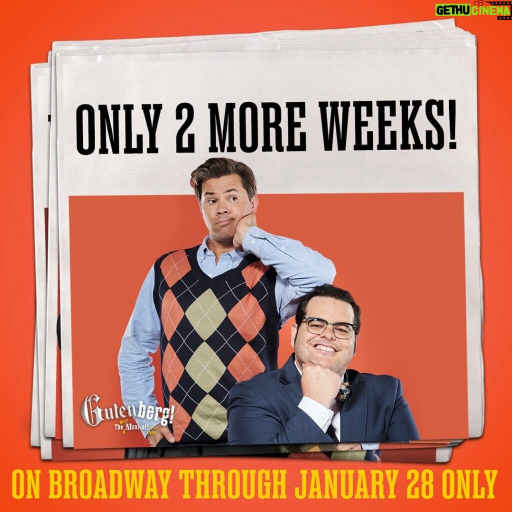 Josh Gad Instagram - The GUT! times can’t last forever. See #GutenbergBway before January 28🍽️✨ James Earl Jones Theatre