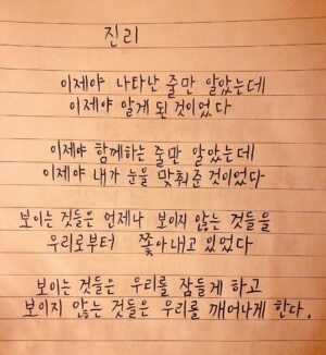 Ju-ne Instagram - 진리

이제야 나타난 줄만 알았는데
이제야 알게 된 것이었다

이제야 함께하는 줄만 알았는데
이제야 내가 눈을 맞춰준 것이었다

보이는 것들은 언제나 보이지 않는 것들을
우리로부터 쫓아내고 있었다

보이는 것들은 우리를 잠들게 하고
보이지 않는 것들은 우리를 깨어나게 한다