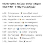 Julia Louis-Dreyfus Instagram - [@ayanaeliza post] TODAY! ✨ 6-9:30p ET. My takeover of Julia Louis-Dreyfus’ (@officialjld) insta account continues! — and I’m bringing my homies. 🖤 #Juneteenth #PassTheMic I’ll be in my living room 🛋 chatting with these wondrous humans, who each work at a different intersection of justice, as they hang in theirs. COME THRU! Bring your tough questions — or just say hi 👋🏽 and drop us some friendly emojis in the comments! Swipe for the schedule — obviously subject to change, like everything on IG Live — featuring: @iamreggieblack 🎨 @piperanderson 🗣 @siriema22 👨🏽‍⚕️ @jasonwardny 🦅 @revyearwood ✊🏽 @nelstamp 🗳 @cjaxone 📚 @franklinjleonard 🎞 @rgunner 🌎 @bcleejr 🏙 My Living Room