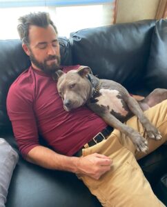 Justin Theroux Instagram - Celebrating Kuma’s Gotcha Day! June 8, 2018, 3 years ago today. 🎂 I know you can’t read Kuma, but thank you for being so open, making me laugh, sleeping in later than me, going everywhere by my side, reminding me to stay in the present, to let things roll off me, to have gratitude and joy for everything, even just waking up. Reminding me to be playful. For showing patience. For not judging anyone, (except skateboards that you judge harshly). For showing kindness first, to literally everyone you meet. For being an exceptional (but not uncommon) Pitbull ambassador. For helping save other Pittbulls like yourself by letting me tell people your story… For being loyal. For being my gray shadow… And above all, for guarding the bathroom door literally every time i take a piss like my life depended on it. And THANK YOU to all the hands that cared for Kuma before I got there. And an extra special thanks to ALL who work in animal rescue (usually very quietly) who make Kuma’s story possible for thousands of other animals every day. You are my heroes. I’ll say it again… #adoptdontshop ❤️ 🙏 … you won’t regret it.