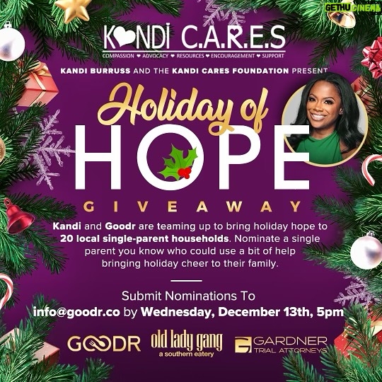 Kandi Burruss Tucker Instagram - It’s the most wonderful time of the year and my Holiday of Hope Giveaway is back! Join me and my @KandiCares Foundation in spreading holiday cheer! 🎁 We’re on a mission to bless single-parent families in the Atlanta Metro Area this Christmas. Know someone who deserves a little extra love? Please see the flyer to nominate them by December 13th and let’s make this season unforgettable! ❤️ #kandicares