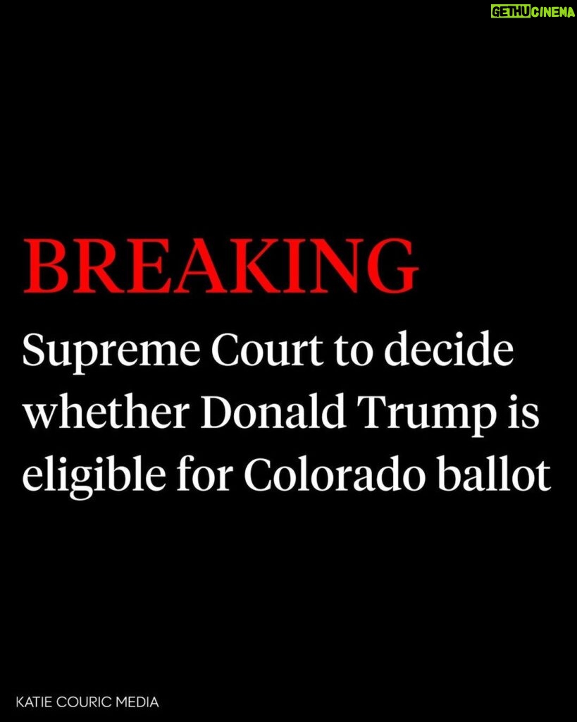 Katie Couric Instagram - 🚨 The Supreme Court on Friday agreed to decide whether former President Donald J. Trump is ineligible for Colorado’s Republican primary ballot because he had engaged in insurrection in his efforts to overturn the 2020 election. According to @nytimes’ reporting, the case, which could alter the course of this year’s presidential election, will be argued on Feb. 8. The court will probably decide it quickly, as the primary season will soon be underway. Mr. Trump asked the Supreme Court to intervene after Colorado’s top court disqualified him from the ballot last month. That decision is on hold while the justices consider the matter. The case turns on the meaning of Section 3 of the 14th Amendment, ratified after the Civil War, which bars those who had taken an oath “to support the Constitution of the United States” from holding office if they then “shall have engaged in insurrection or rebellion against the same, or given aid or comfort to the enemies thereof.” Congress can remove the prohibition, the provision says, but only by a two-thirds vote in each chamber. This is a developing story with updates to come. #breakingnews