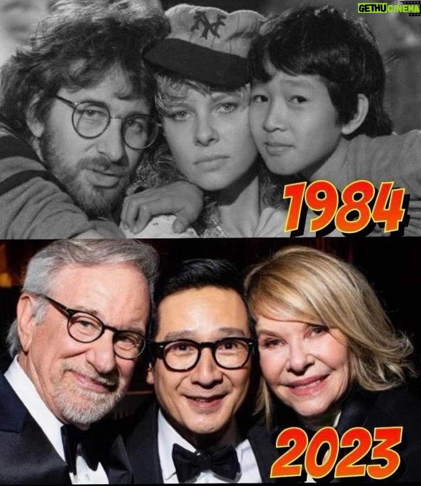 Ke Huy Quan Instagram - Reuniting with Kate Capshaw 39 yrs later has made my Indiana Jones and The Temple of Doom reunion complete. Until this day, I still feel bad about giving Kate a real black eye when we filmed the mine cart scene. Kate, Steven, and I had a good laugh when we caught up at the Oscars. Having my first movie family sharing in this very special night made the evening even more memorable. This feels like such a full-circle moment. It was also such a treat to chat with the legendary John Williams. Steven reminded me that I have my own Short Round theme composed by the legend himself. He asked if I remembered (OF COURSE I DID), and we both simultaneously started humming the theme together. Steven remembered every single note, and it just made me love the man even more. ❤️