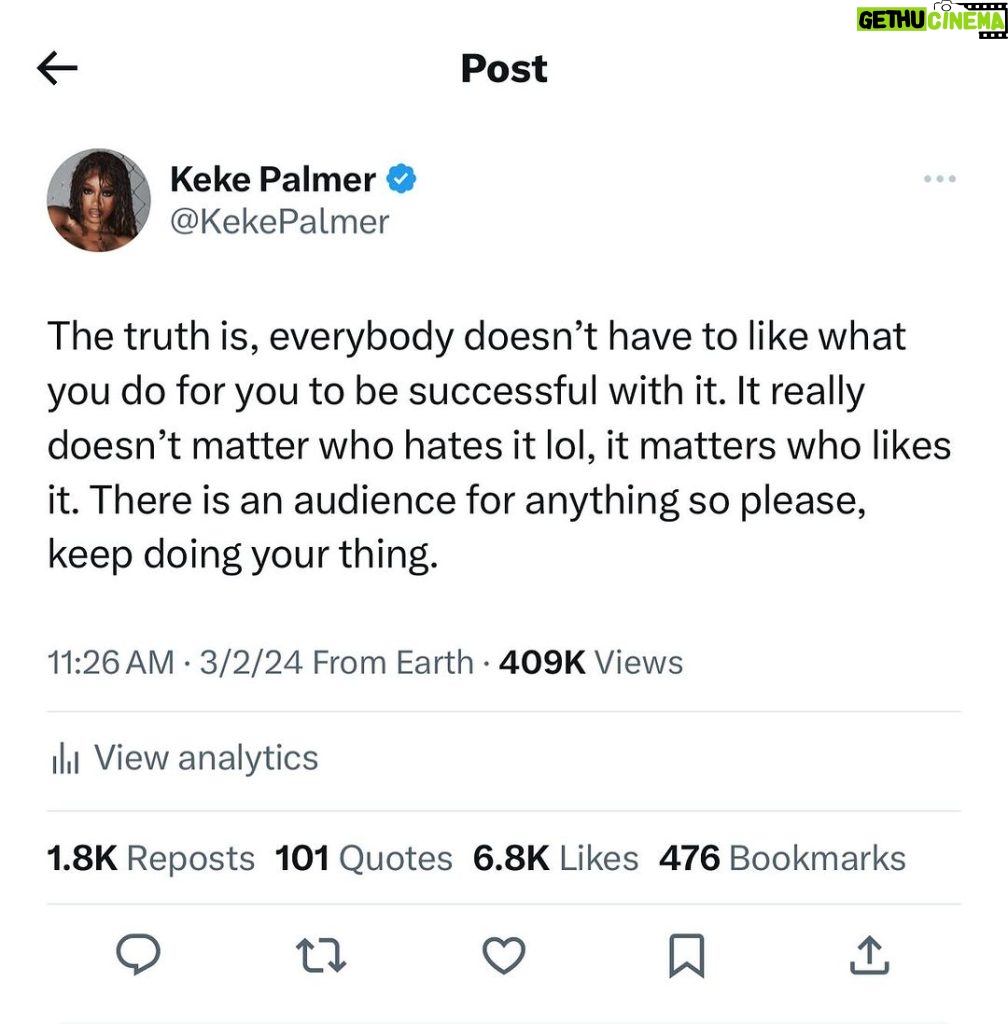 Keke Palmer Instagram - I think this is so important to remember because so many people have opinions. No where does it say that everyone has to love you for your business to thrive. In fact, many people make successful businesses out of people hating them 🤣. Never allow your value to be subject to TASTE. Being “good” and “entertaining” is quite subjective. I have experienced this so many times in my life and in so many ways and at some point people just realize you know who you are and you have your own vision. You can’t help but respect consistency and self acceptance. Some shit ain’t for you. And that’s okay! 😌