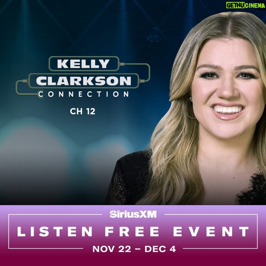Kelly Clarkson Instagram - I’m inviting you to enjoy my new channel ‘Kelly Clarkson Connection’ with the @SiriusXM Listen Free Event now through Dec 4 at Ch 12. It’s already on, just turn the radio on in your car to listen for free: https://www.siriusxm.com/KellyClarksonLF