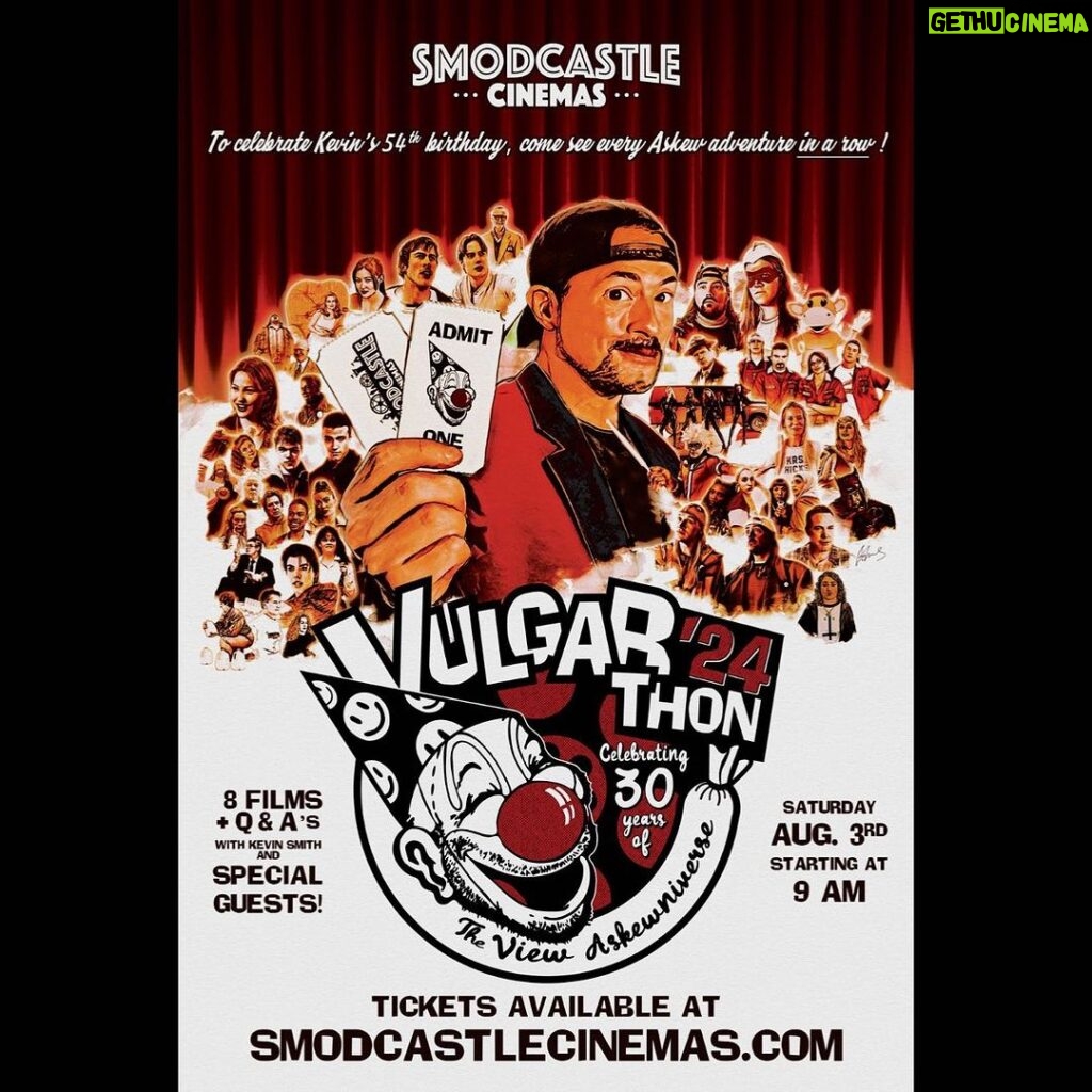 Kevin Smith Instagram - 6 MONTHS FROM TODAY! For the first time, VULGARTHON is coming to @smodcastlecinemas! Join us for a big screen journey into every Askewniverse adventure I ever directed in the order they were released theatrically over the last 30 years! CLERKS! MALLRATS! CHASING AMY! DOGMA! JAY & SILENT BOB STRIKE BACK! CLERKS II! JAY & SILENT BOB REBOOT! CLERKS III! Make it all the way to the credits of @clerksmovie and you’ll win an exclusive event-oriented challenge coin celebrating your achievement Askew! Special Guests! Q&A’s! Auctions! Movie merch and more! Don’t miss what’s probably gonna be the social event of the season! Theater 1 is already sold out so Theater 2 is now on sale and selling fast! Secure your tickets today at Smodcastle Cinemas dot com! (Awesome artwork by @thedarknatereturns!) #KevinSmith #vulgarthon #vulgarthon24 #smodcastlecinemas