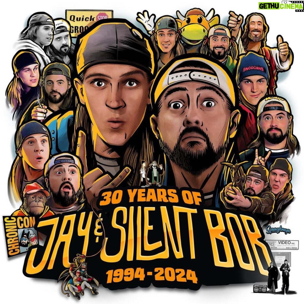 Kevin Smith Instagram - 2024 marks the 30th anniversary of my first film CLERKS - which means that it’s also the 30th birthday of @jayandsilentbob! American original @jaymewes and I have been standing next to each other, both professionally and personally, for three decades! So we’ll be celebrating all year long with signings at @jayandsilentbobstash, Jay & Silent Bob’s Sexy Sleepover at @smodcastlecinemas in June, and useless plastic trinkets on the JayAndSilentBob dot com website! But the biggest way #jasonmewes and I will be observing our characters’ 30th anniversary is by making a NEW JAY AND SILENT BOB MOVIE! That’s right: 2024 will see us back in the costumes and fake-hair-hat for a funny fucking flick about an escalating war in the Central Jersey legal weed business! Get ready to giggle at an #askewniverse movie in which nobody dies this time! I’m virtually finished with the first draft so expect more news about the flick (including the title) by February! In the meantime, let me just thank you - with every fiber of my being - for supporting #Clerks and #jayandsilentbob across these many years! You’ve afforded us ample opportunities to play dress up and make-pretend for a living - even after over a quarter of a century! Snootch to the Nootch! (This awesome anniversary art is by the incomparable @captain_ribman!) #KevinSmith