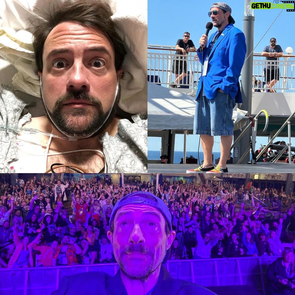 Kevin Smith Instagram - 6 years ago, I nearly dropped dead from a massive widow-maker heart attack after getting off a stage. So last night, I celebrated the anniversary of not dying by getting on a stage (courtesy of #cruiseaskew). With less than a 20% chance of surviving a 100% occlusion, I was so lucky Doctor Ladenheim saved me. And yet… Because Life can Life the fuck out of you sometimes, there have been moments in the last 6 years where I’ve felt it would’ve been better if the heart attack had finished me. But not today. Today I’m grateful to be alive. Bonus: In a few hours, I’m gonna see the lady who gifted me with that life. And I intend to give her the biggest hug after I thank her for making me. #KevinSmith #heartattacksurvivor