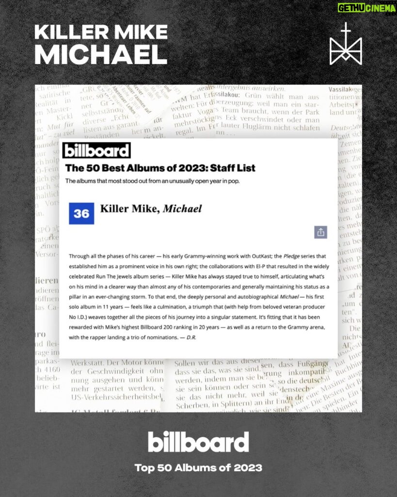 Killer Mike Instagram - Thank you to all the amazing people at these publications who pressed for MICHAEL to be recognized this year ☦️ #MICHAEL