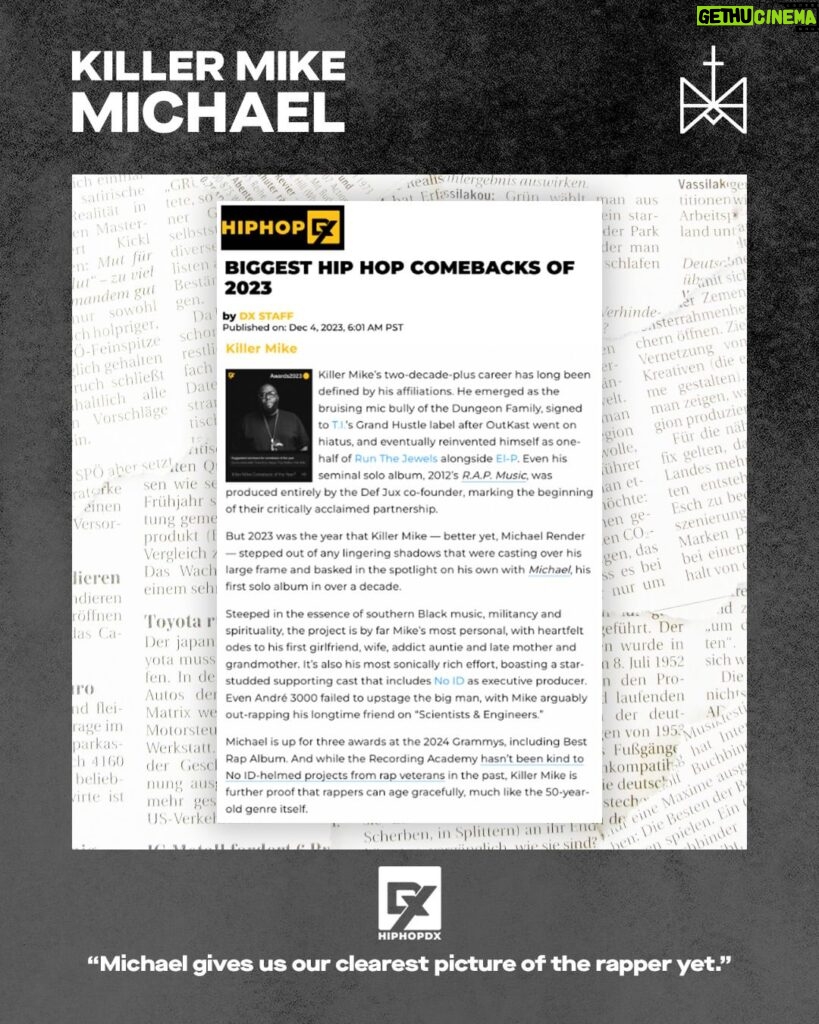 Killer Mike Instagram - Thank you to all the amazing people at these publications who pressed for MICHAEL to be recognized this year ☦️ #MICHAEL