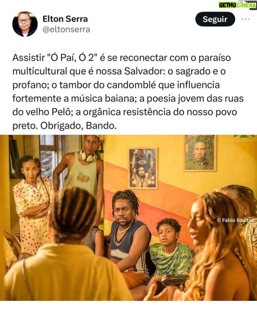 Lázaro Ramos Instagram - É a Bahia! Ó Paí, Ó 2 estreiou e já está mostrando para o que veio, feliz em saber que vocês estão gostando e se divertindo tanto quanto a gente gravando e apresentando essa obra para vocês. E gente, só se passaram 15 anos do primeiro filme, tá? Rs mas espero chegar assim nos 60. 😂 Sextou, meu povo! Bora pros cinemas.