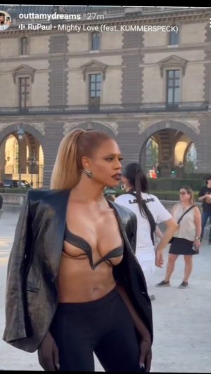 Laverne Cox Instagram - I love you so much Paris. Thanks for all this love. And I love you @muglerofficial as you all know. I attended my first Mugler show in Paris today wearing all #Mugler by @cadwallader you f***king delivered. I was screaming.  The drama, the chiffon sailing in the wind,  sometimes like kites, the innovation, the architecture of the body darling, the @im.angelabassett, @helenachristensen @esthercanadasofficial,  f***king @therealconniegirl. Video to come. Just beautiful.  The boots, the bags. The lucite body sculpture.  I NEED IMMEDIATELY!
...
#Muglerized 
#ParisFashionWeek
#Muglerette
#AMomentOfMugler
