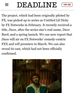 Lil Dicky Instagram - “Dave” the tv show. Fx networks and Hulu in March!!!!!!!!!!!