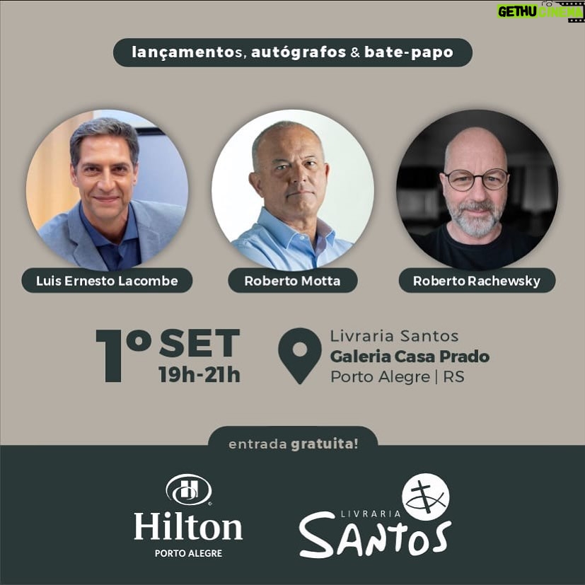 Luís Ernesto Lacombe Instagram - Na próxima SEXTA, 01/09, estarei em PORTO ALEGRE, com @robertomottaoficial e @rrachewsky . Vamos lançar nossos livros e bater um papo com quem estiver na @santoslivraria . A partir das 19h. #portoalegre #noitedeautógrafos #livros #lançamento #livrariasantos #robertomotta #rachewsky #conversa #bate-papo