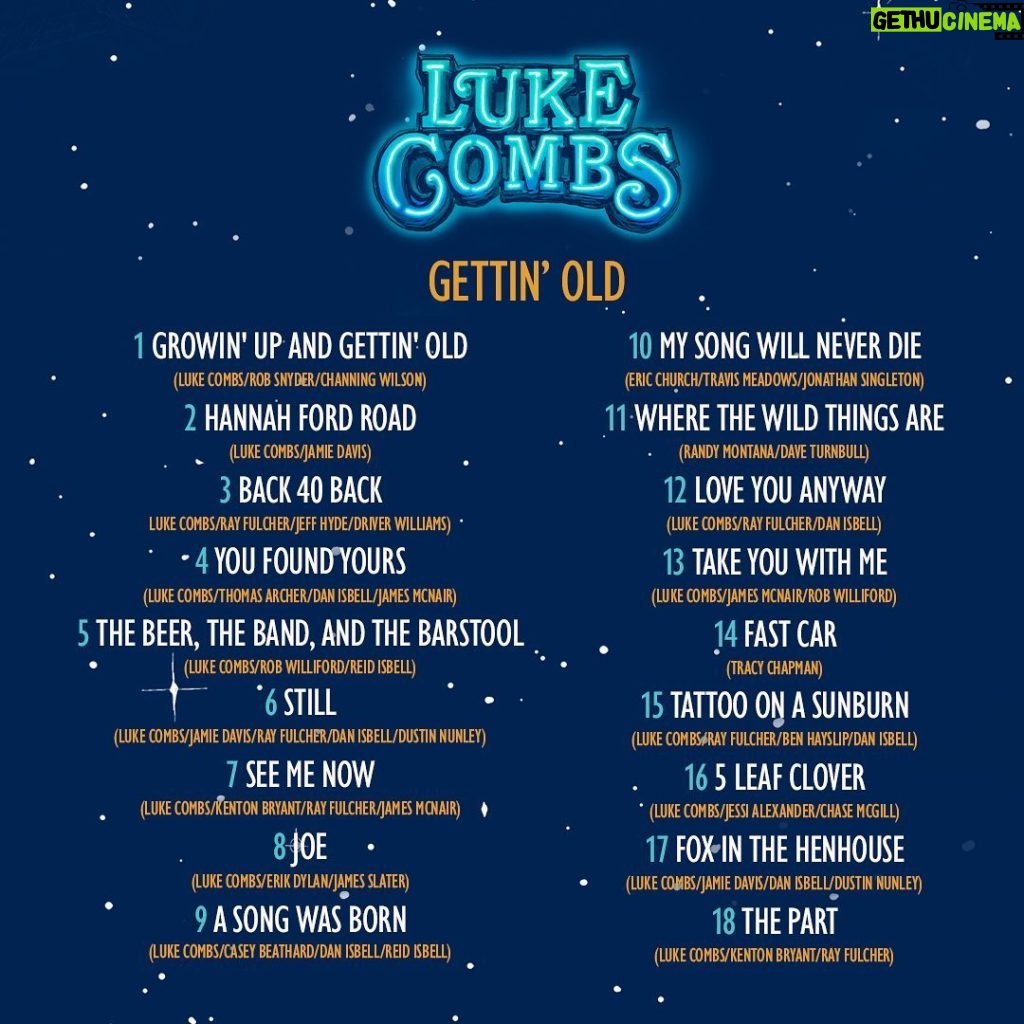 Luke Combs Instagram - Here it is - the full track list for my new album Gettin’ Old - out March 24! #lukecombs