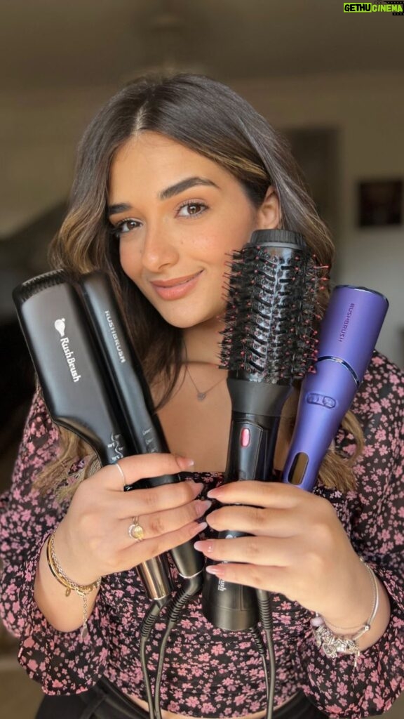 Malak Ahmed Zaher Instagram - VOLUMIZE, SLEEK, CRIMP AND CURL! I'm choosing alluring curls, what are you choosing? It’s RUSHBRUSH®️ Anniversary, enjoy up to 55% OFF and as a special gift, use my promocode RBDAYMLZ for an extra 5% OFF.