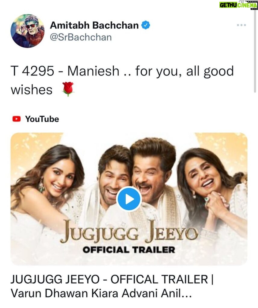 Maniesh Paul Instagram - I have no words!!! This took time to sink in!! @amitabhbachchan sir thank you so much for your wishes…this has encouraged me soooo much that I can’t explain…I’m a fanboy for life and you know it🤗🤗🙏🏼🙏🏼🙏🏼 #mp #bachchan #wishes #jugjuggjiyo #film #blessings #godiskind