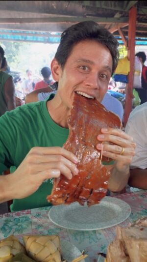 Mark Wiens Instagram - That crispy skin! Eating a 3 kilo chunk of lechon in Cebu with @stanlyonmedia 📍 Ruthy’s Lechon #Talisay #Cebu #FilipinoFood