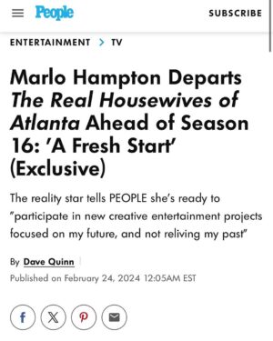 Marlo Hampton Instagram - Hamptons,

My contract with Real Housewives of Atlanta ended when season 15 wrapped. This break from RHOA is a fresh start, allowing me the space to participate in new creative entertainment projects focused on my future, and not reliving my past. 

My nephews are transitioning into pivotal stages of their academic adolescence, and I am focused on my representation in their eyes and getting back to showing my multifaceted lifestyle of philanthropy, fashion, and fabulosity! I am thankful for this amazing platform of Housewives, which has allowed me to bring awareness to foster care, my non-profit Glam It Up, Inc., and showcase my fashion showroom, Le Archive. 

I look forward to my continued relationship with Bravo and NBC Universal. I wish Truly Original and the RHOA cast all the best. 

xoxo 
- Marlo Hampton

p.s. 
Tag me in videos of your favorite #RHOA Marlo moments and I’ll share on my story.