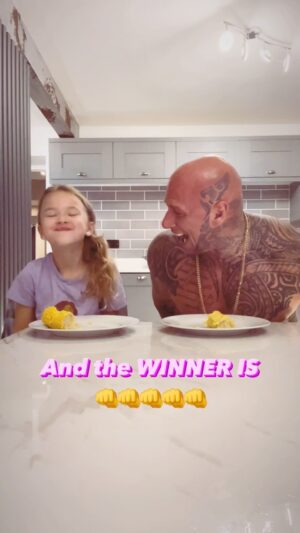 Martyn Ford Instagram - One way to get them to eat vegetables 😂😂😂 ….. offer them £100 for the winner, HOWEVER no chance I’m losing this game 👊😂👊😂 …. Building character and healthy bodies all in one … children MUST EARN the wins in my books … 1-0 to Dad 😂👊#dad #fun #kids