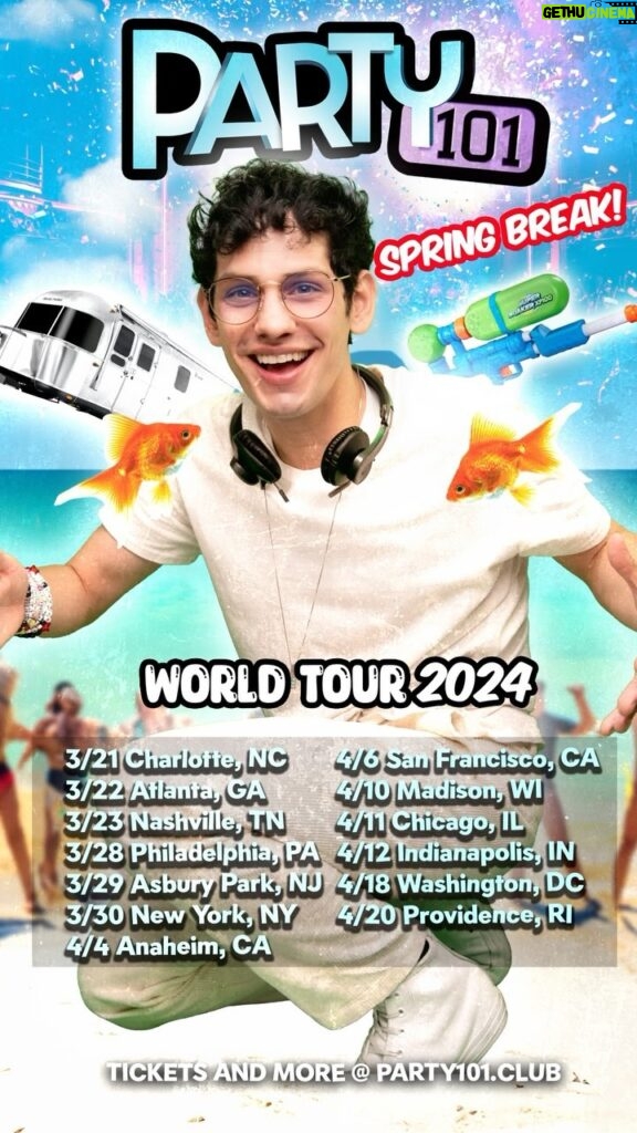 Matt Bennett Instagram - DON’T DRINK THE FISH WATER! Instead of getting trapped in an RV this spring break, why not come see Party 101? Bring a fan that oscillates! We’re coming to a city near you! Tickets on sale at 12pm local!