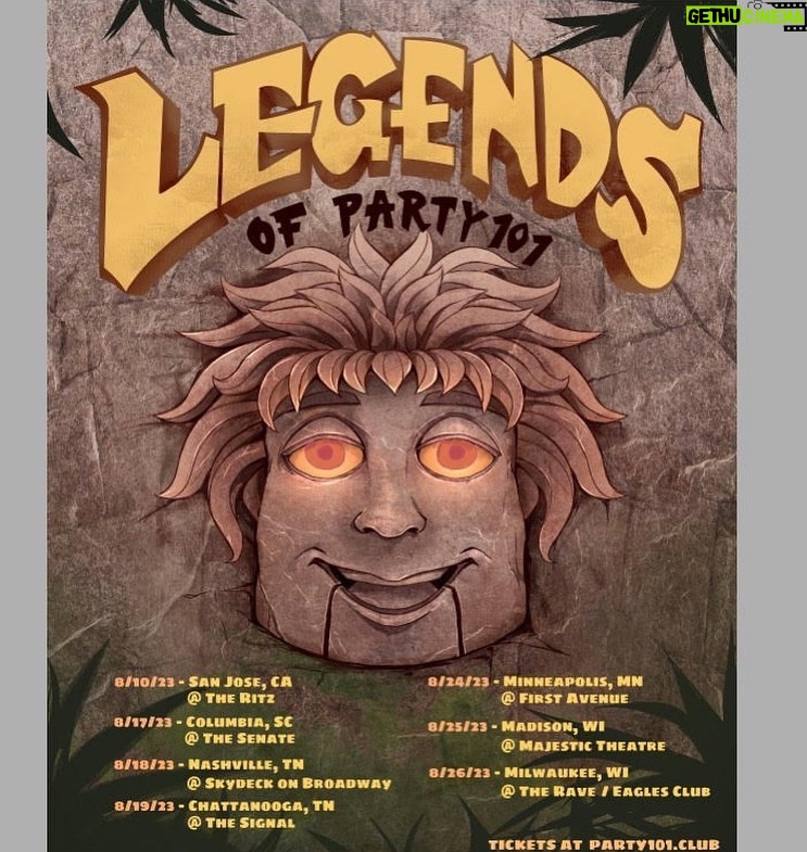 Matt Bennett Instagram - Tour dates! Get your tour dates! The Party 101 Legends tour is hitting the road this week and we’ve got a sick new poster by @neonluxi featuring the almighty Olrex 😉🗿. San Jose, brace yourselves for adventure. Tickets at Party101.club ily see you there Columbia, South Carolina
