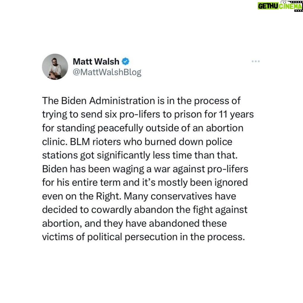 Matt Walsh Instagram - Biden is doing to pro-lifers what he’s done to J6ers. Except pro-lifers are being targeted for standing outside of buildings and praying. This is even more egregious. Yet the J6ers get significantly more attention from most conservative pundits than the pro-lifers.