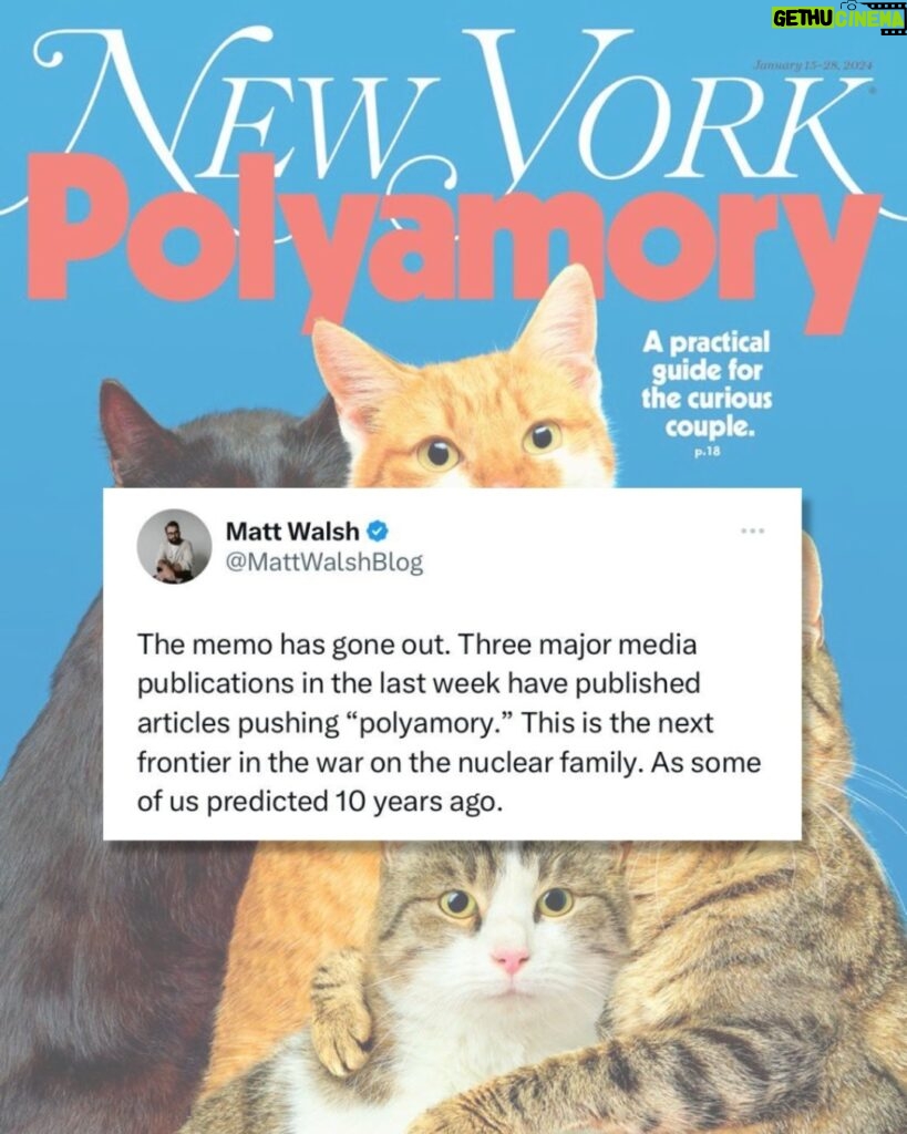 Matt Walsh Instagram - The media is in a full court press right now to push polyamory. I remember when some of us predicted this exact thing would happen and we were told that it was a "slippery slope fallacy."