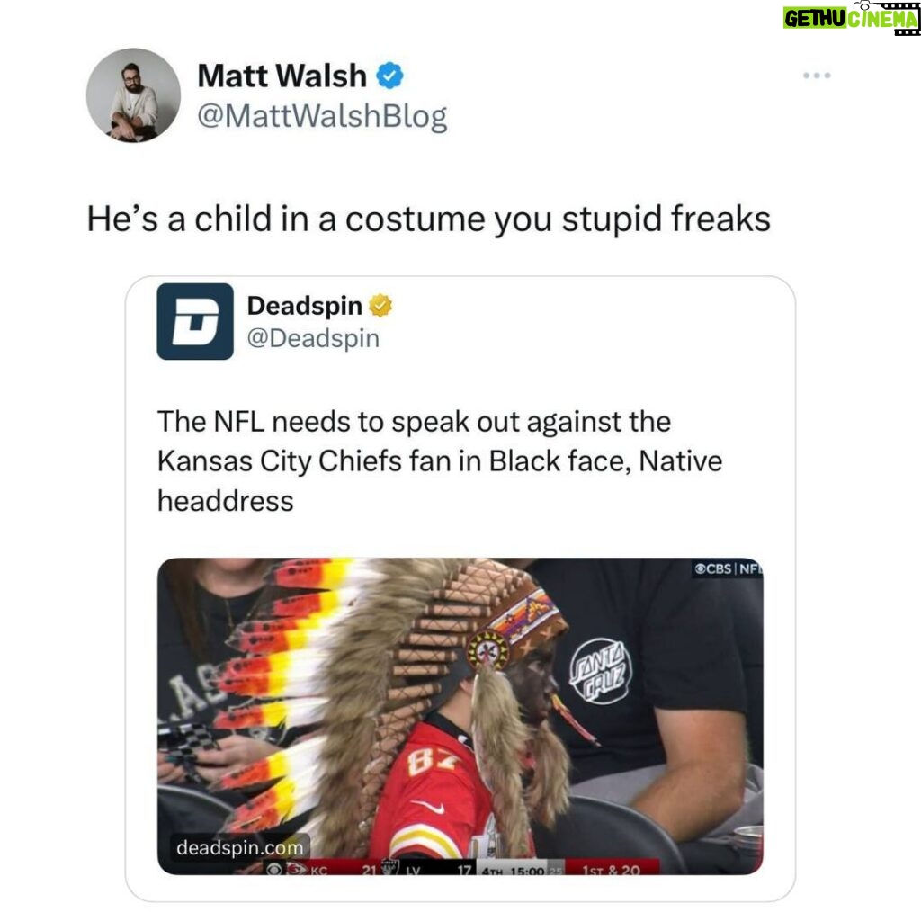 Matt Walsh Instagram - @deadspin, ostensibly a sports news site, decided to help gin up an outrage mob to go after a child who committed the crime of wearing a costume to a football game.