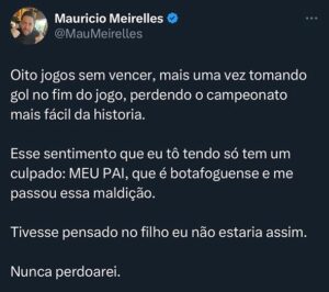 Maurício Meirelles Instagram - Chega de Botafogo.
Pensem nos seus filhos.