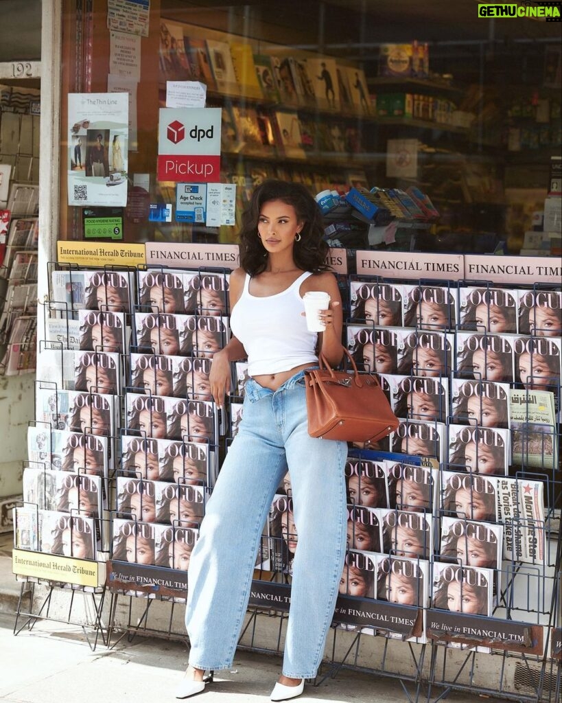 Maya Jama Instagram - Covergirl in my local 🥹 @britishvogue is out nowwww so overwhelmed with happiness and filled with love everytime you tag me in pics but seeing it in person is a bloody madness ! - there’s more pictures inside that arent online so I’ll leave it that way for now so you can go have a look 😅( featuring my nan looking confused & beautiful aunty too) ❤️