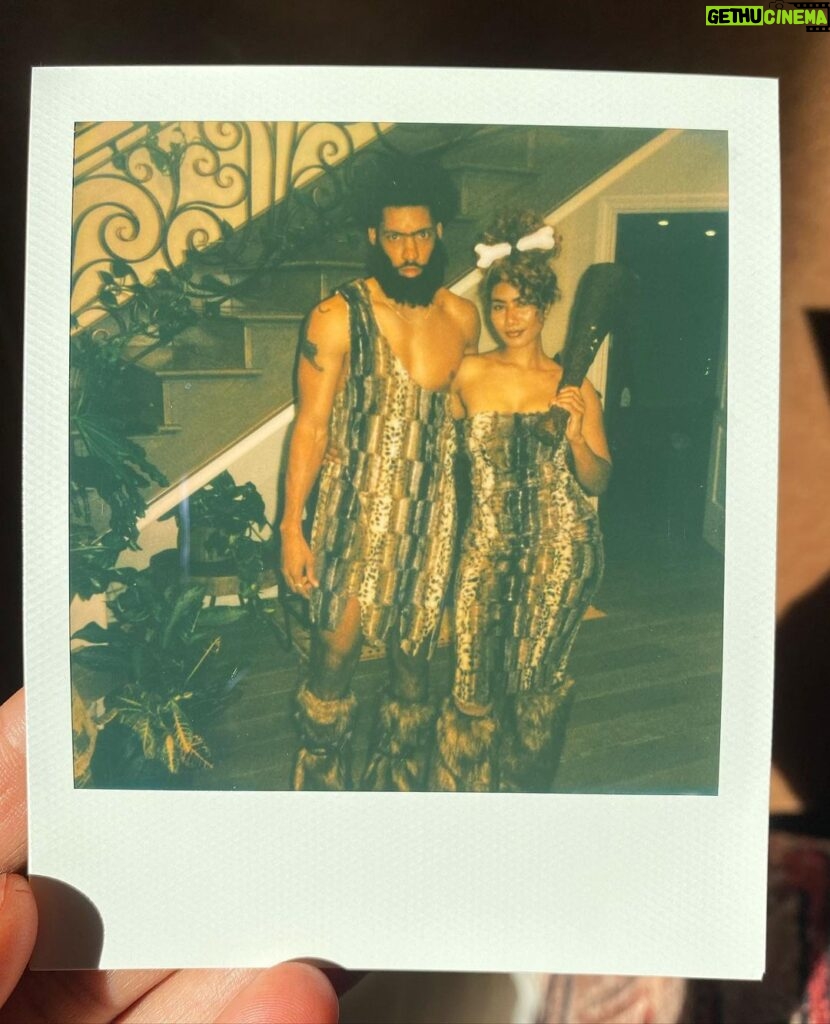 Melvin Gregg Instagram - PreHistoric 🦖 Fun Fact: Bobbie made these costumes from rolls of fabric a few hours before we went out! So even in prehistoric time we would’ve still been fitted!